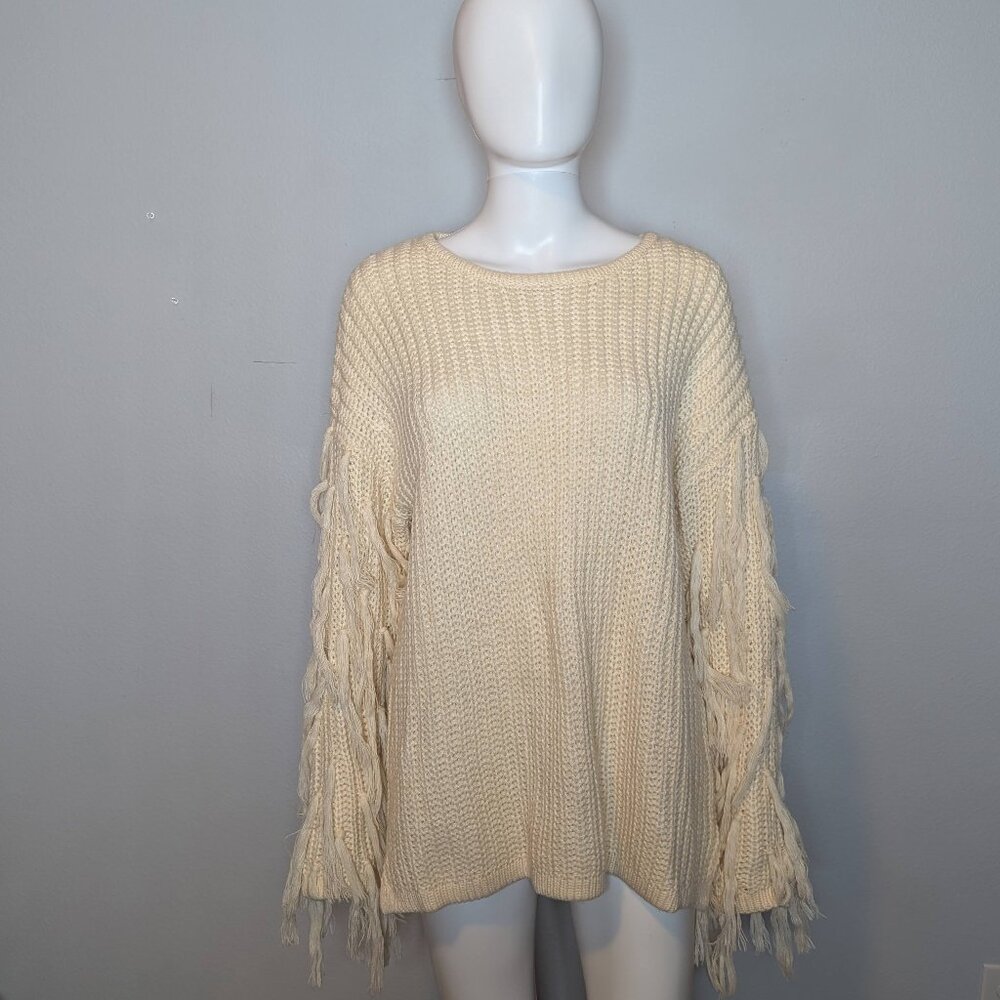 Cream Fringe Sleeve Chunky Knit Sweater – Size Small